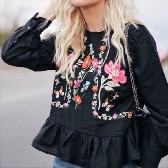 Zara Tops - Zara Long Sleeve Floral Embroidered Peplum Blouse